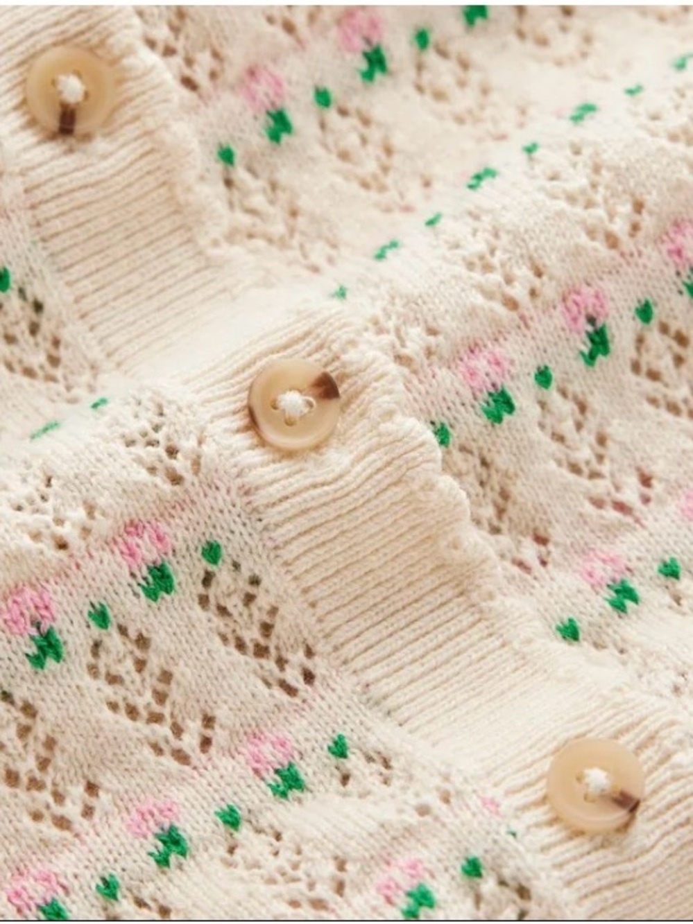 Boden Dot Pointelle Cardigan XL Cream Pink Green Cotton Puff Sleeve Sweater - Picture 2 of 15
